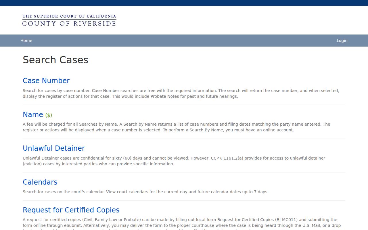 Wildomar public records Riverside court Search Cases interface